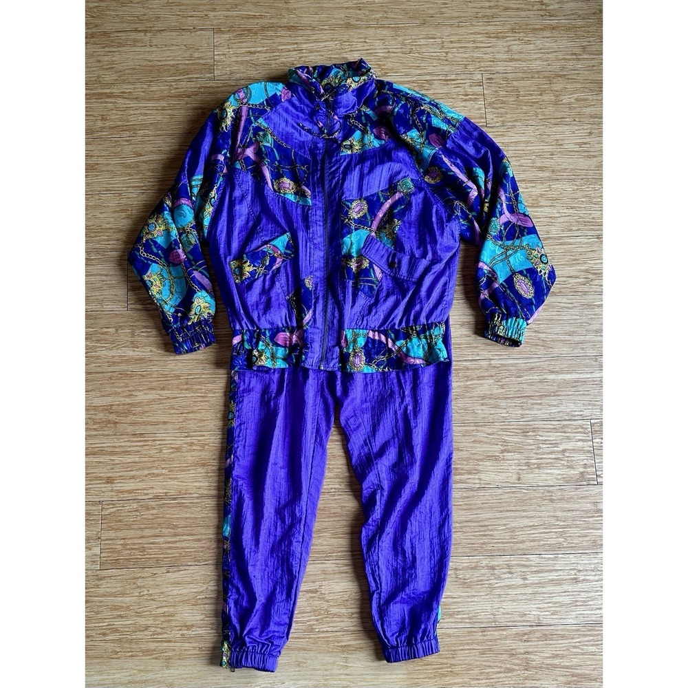 Vtg Clipper Bay Purple Nylon Tracksuit Windbreaker Jacket Pants Set 90's Women S